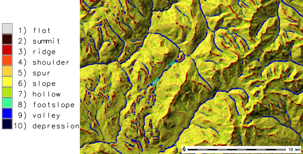 Geomorphon calculation example using the EU DEM 25m (with search=11)